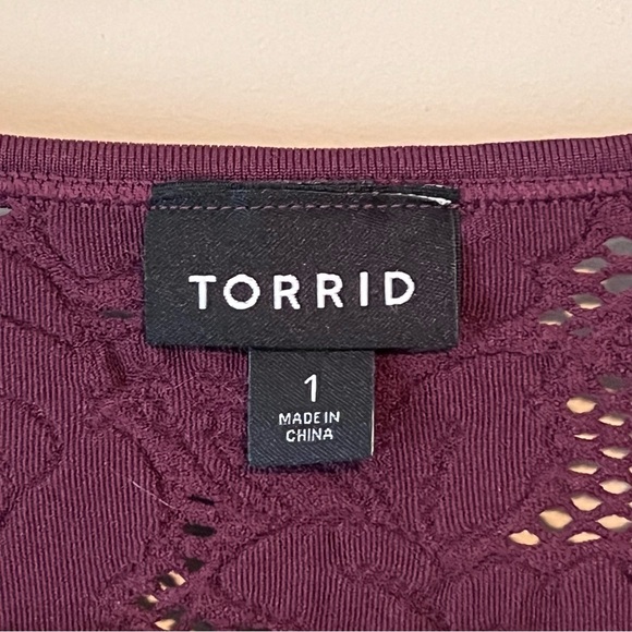 Torrid Burgundy Floral Lace Short Sleeve Top - Picture 2 of 6